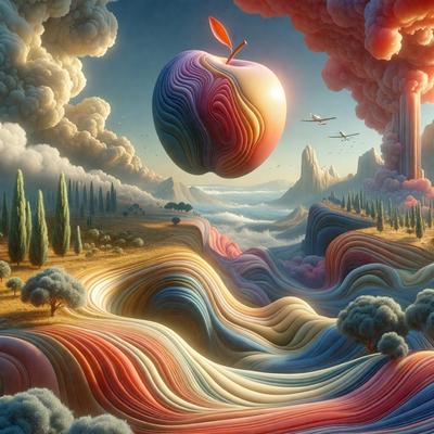 The primary subject of the image is a large, colorful apple floating in the air. The apple is surrounded by a vibrant and artistic landscape, featuring a variety of colors and patterns. The setting includes a field with trees, a sky filled with clouds, and a mountain in the background. The visual style of the image is a combination of digital art and illustration, creating a unique and eye-catching scene. The dominant colors and overall atmosphere of the image are lively, energetic, and full of creativity.